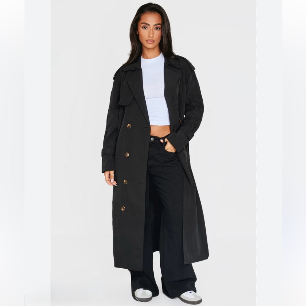 Gallery Vintage Black Long Floor Length Button Down Collared Trench Coat Small - Picture 4 of 11